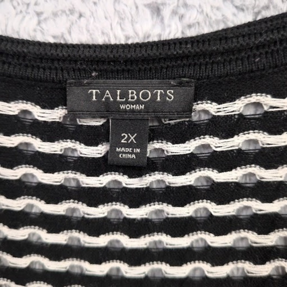 Talbots Open Knit Cardigan Black White 2X Sweater Plus Long Sleeve Button Up - Picture 3 of 11